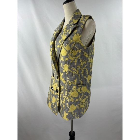 Hutch Longline Vest Grey Plaid Yellow Floral Small Double Breasted - Picture 14 of 15